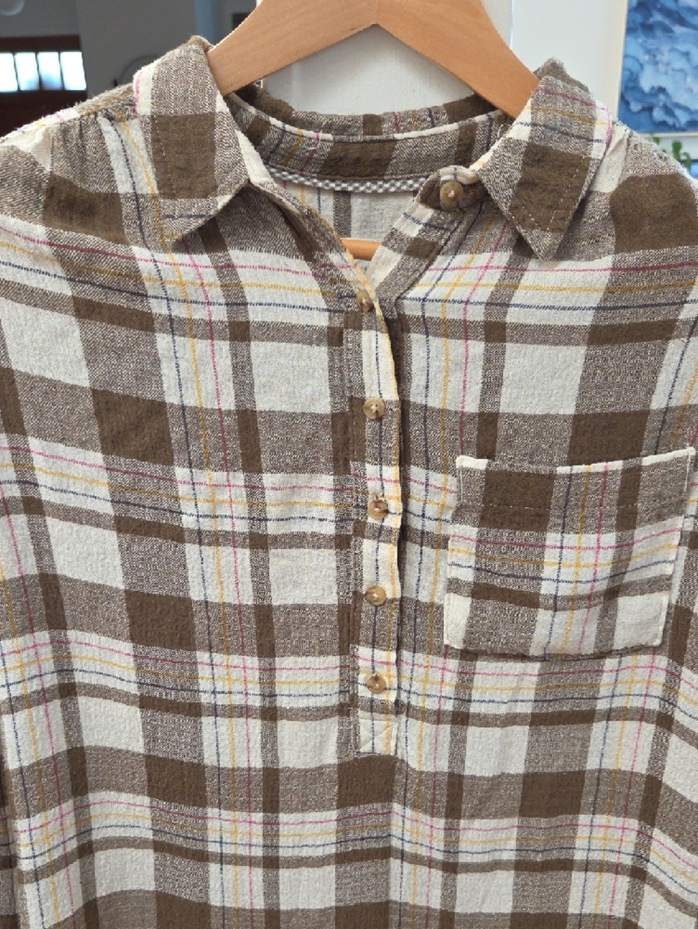 Anthropologie Women's Brown Plaid Half-Placket Button-Down On Both Sides Top (S)